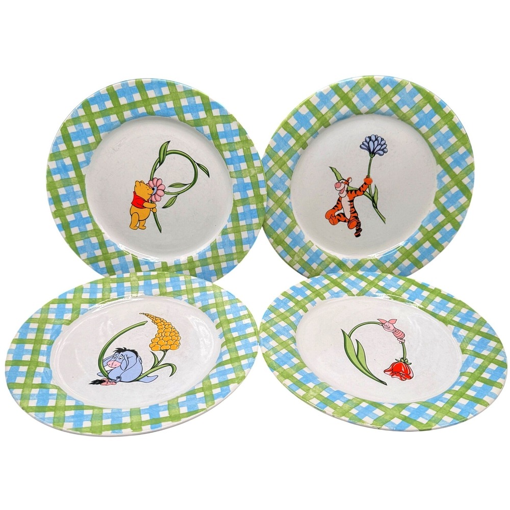 Disney Winnie The Pooh 7 1/2" Kids Plates,Salad, Desert W/ Flower Plaid Gingham